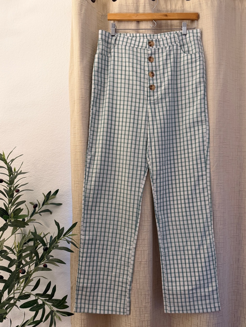 Princess Polly Green & White Plaid High-Waist Button Front Pants
